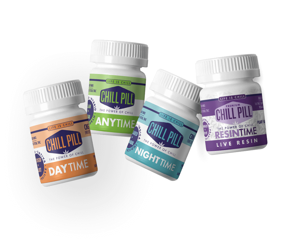 Four bottles of Chill Pill supplements are shown, labeled Daytime, Anytime, Nighttime, and Resintime Live Resin, each with differently colored labels on a white background.