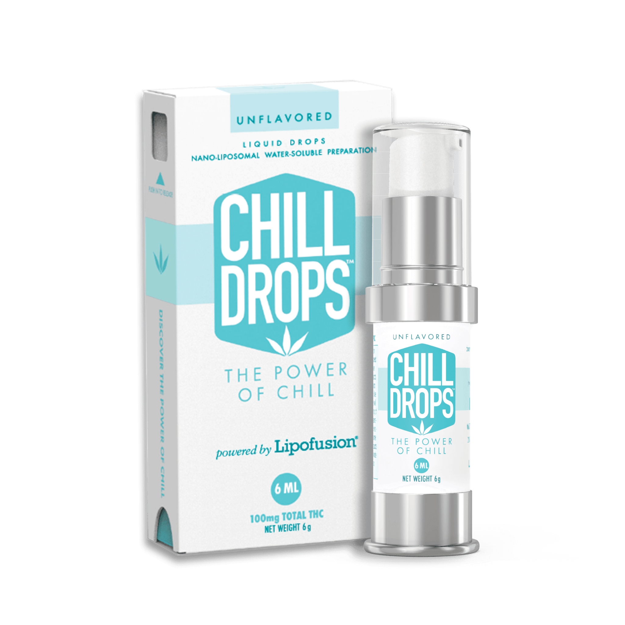 A 6ml bottle of "Chill Drops" liquid drops stands next to its packaging, labeled as unflavored and containing 100mg total THC.