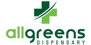 Logo for All Greens Dispensary featuring a green medical cross above the words "allgreens dispensary" in green and dark green letters.
