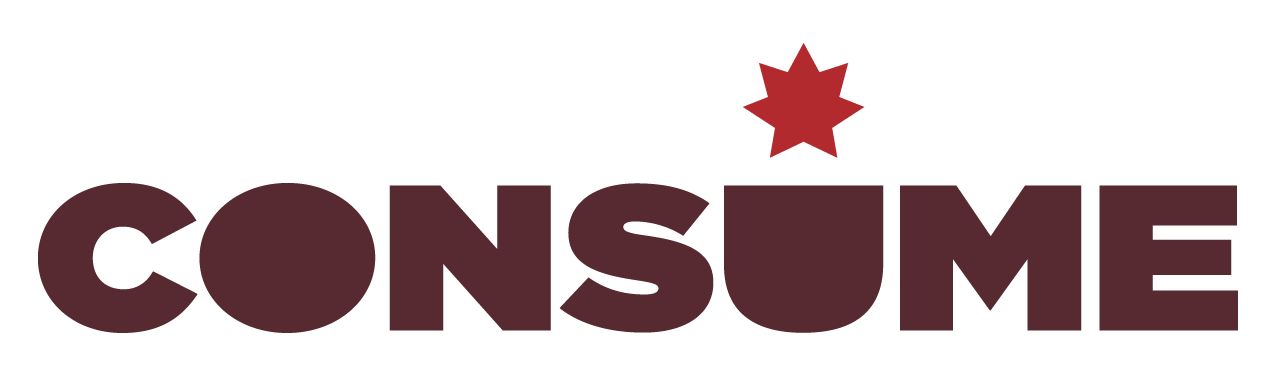 The word "CONSUME" in bold dark red letters, with a red, eight-pointed star replacing the dot above the letter "U.