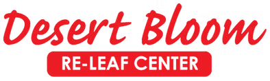The image shows the words "Desert Bloom" in red script above a red box containing the text "RE-LEAF CENTER" in white capital letters.