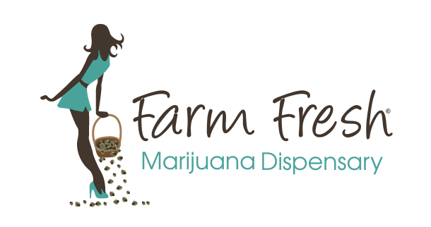 Logo for Farm Fresh Marijuana Dispensary with a silhouette of a woman in a dress spilling cannabis buds from a basket, alongside the business name in stylized text.
