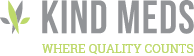 Logo for Kind Meds with a green and gray leaf icon on the left, the words "KIND MEDS" in gray, and "WHERE QUALITY COUNTS" in green below.