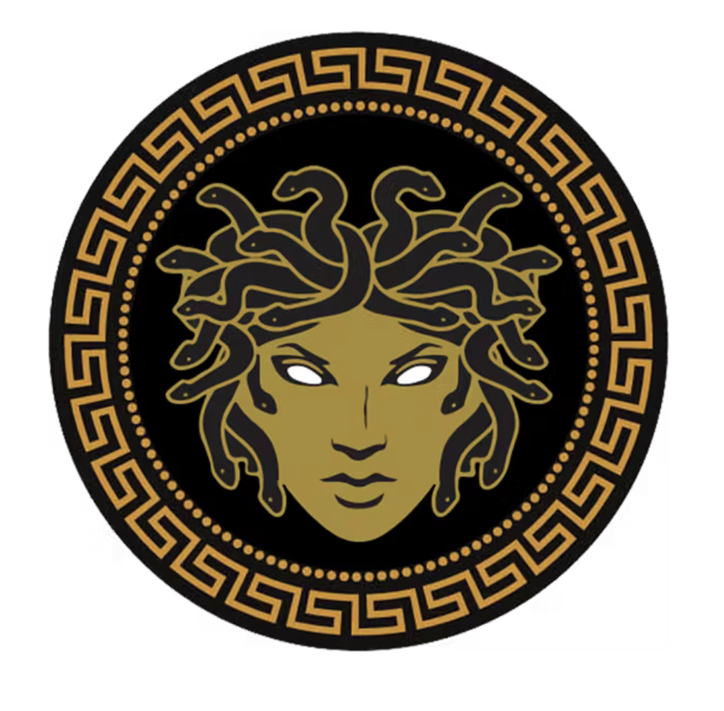 A stylized Medusa head with snake hair, golden tones, and glowing white eyes, set within a circular Greek key pattern border on a black background.