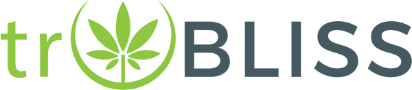 Logo for "trBLISS" with a green cannabis leaf forming the letter "o" in the word, and the rest of the text in green and dark gray.