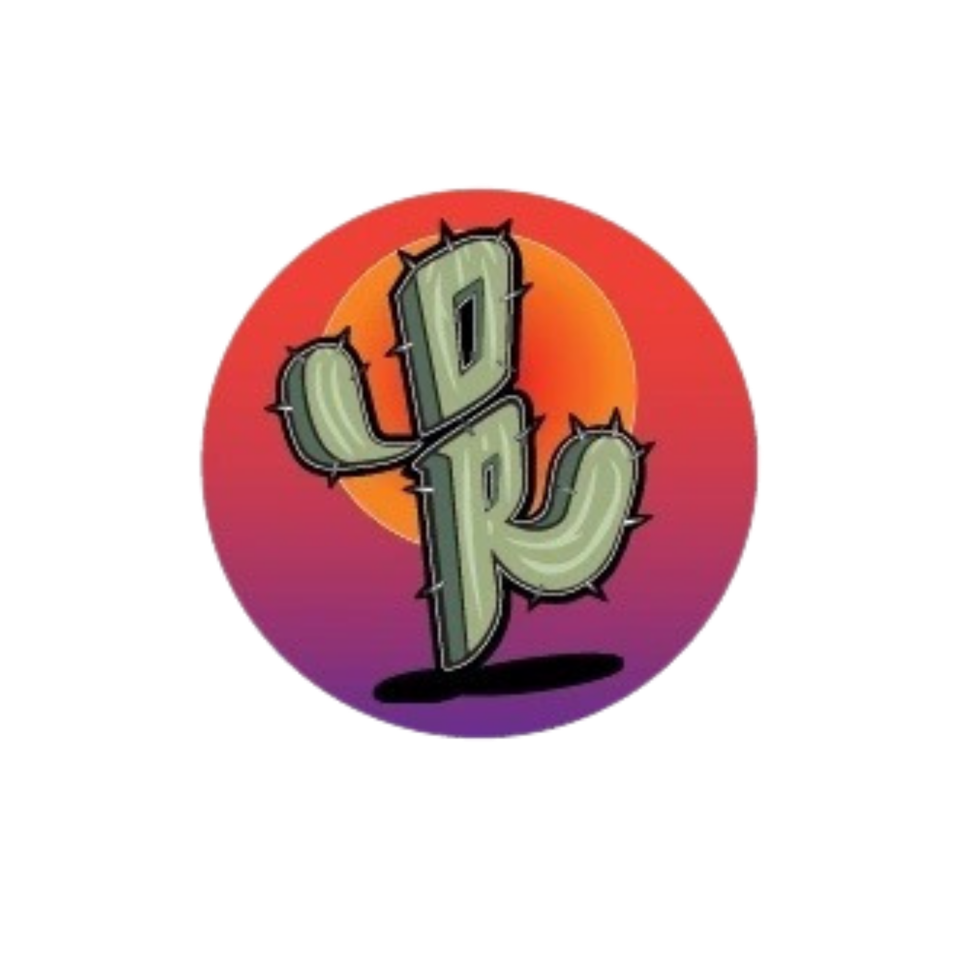Stylized letters "L" and "R" in the shape of a cactus with thorns, set against a circular sunset gradient background of orange, red, and purple.
