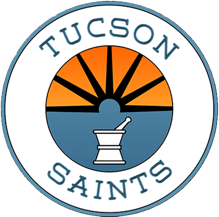 Circular logo with "Tucson Saints" text, an orange and black sunrise, and a white mortar and pestle in the center.