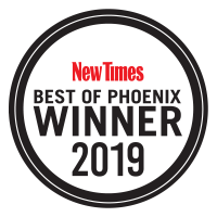 Circular badge with "New Times Best of Phoenix Winner 2019" in bold black and red text on a white background.