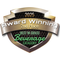 A gold and bronze shield-shaped badge reads "2025 Award Winning 2nd Place Best in Grass Beverage Category.